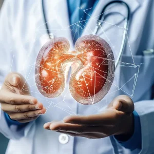 Un medico in camice regge l&rsquo;immagine luminosa di due reni
